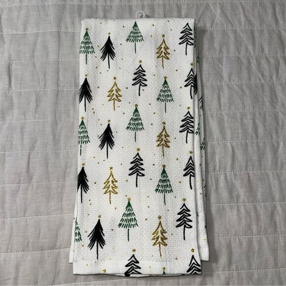 colordrift 2 pack Christmas Tree White Gold Metallic Green Cotton Kitchen Towels - Picture 2 of 7